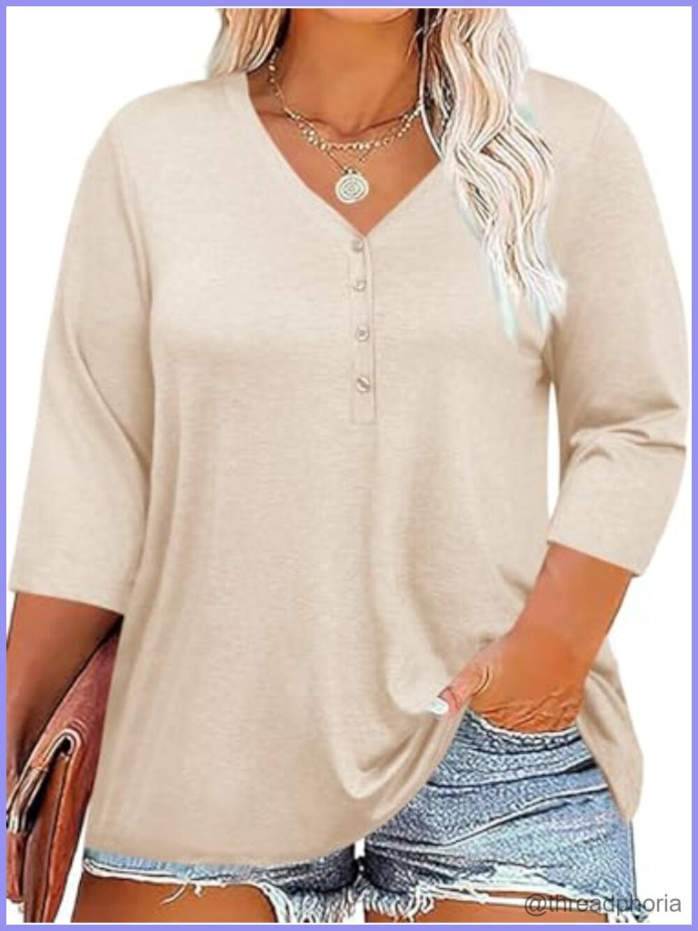 Plus Size V Neck 3/4 Sleeve Tunic Tee Button Down Casual Top